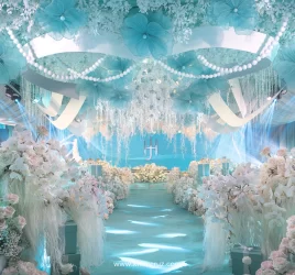 Tiffany-inspired wedding reception of Hiro and Jhazmin ceiling decor with signature white ribbon