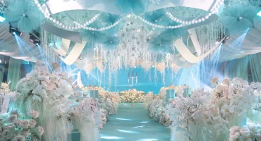 Tiffany-inspired wedding reception of Hiro and Jhazmin ceiling decor with signature white ribbon