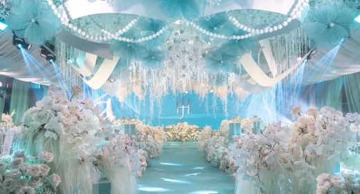 Tiffany-inspired wedding reception of Hiro and Jhazmin ceiling decor with signature white ribbon