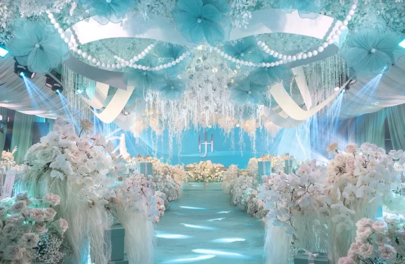 Tiffany-inspired wedding reception of Hiro and Jhazmin ceiling decor with signature white ribbon