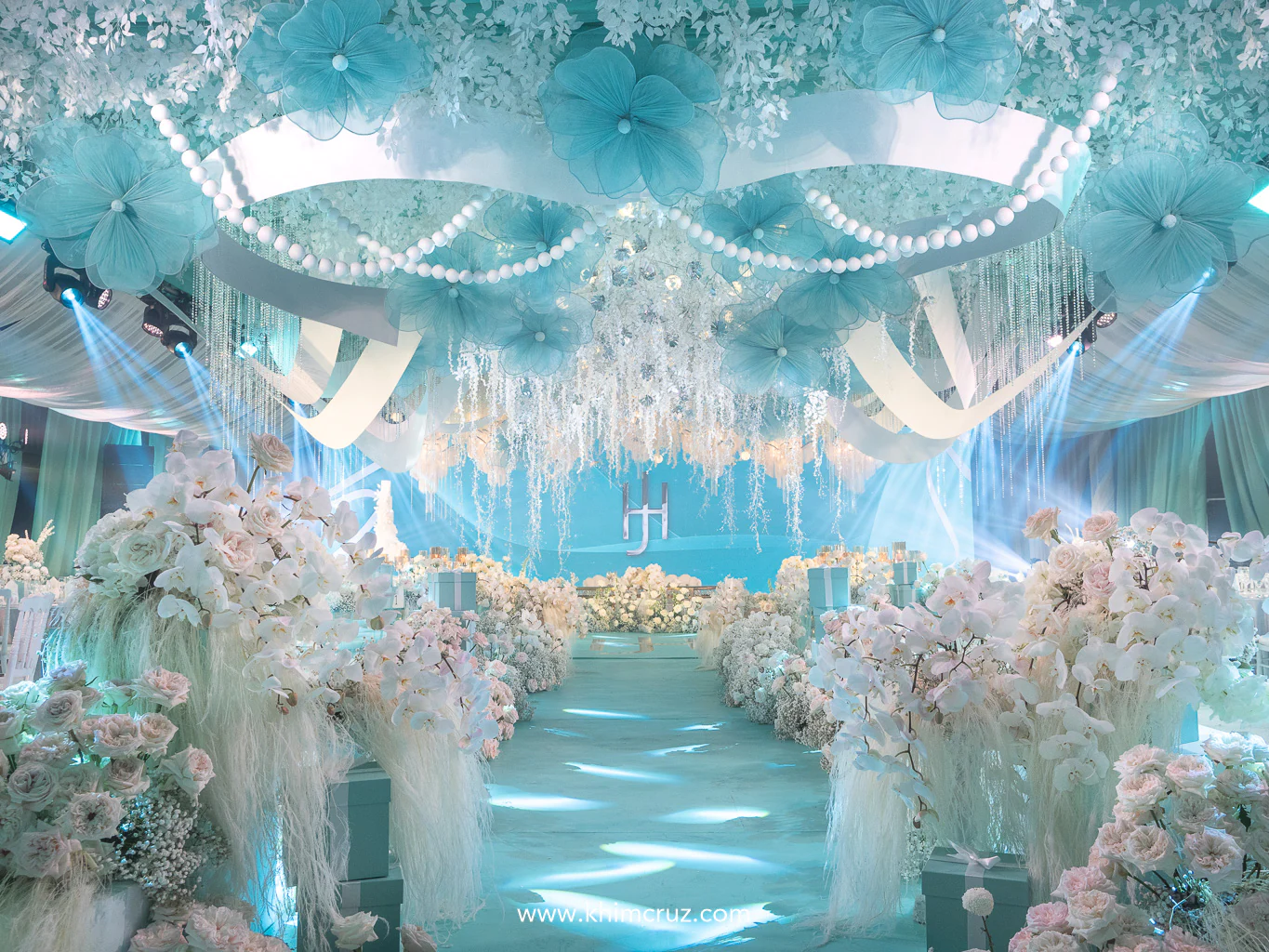 Tiffany-inspired wedding reception of Hiro and Jhazmin ceiling decor with signature white ribbon