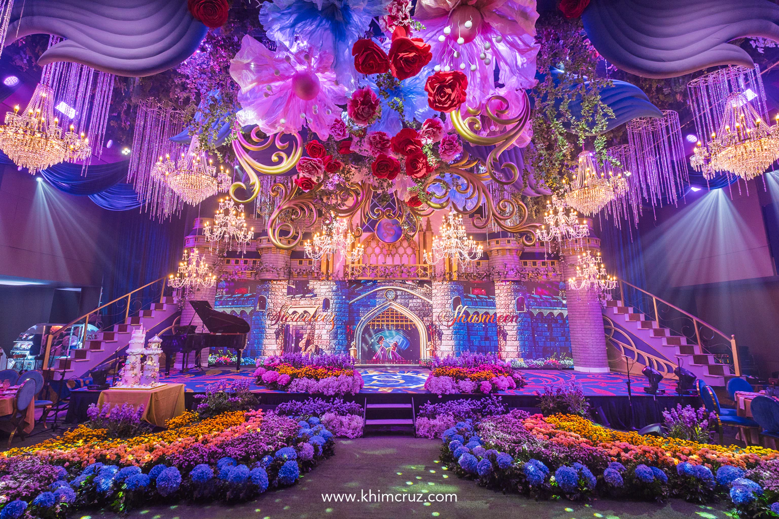 a Disney princess-themed celebration stage backdrop inspired by Cinderella castle