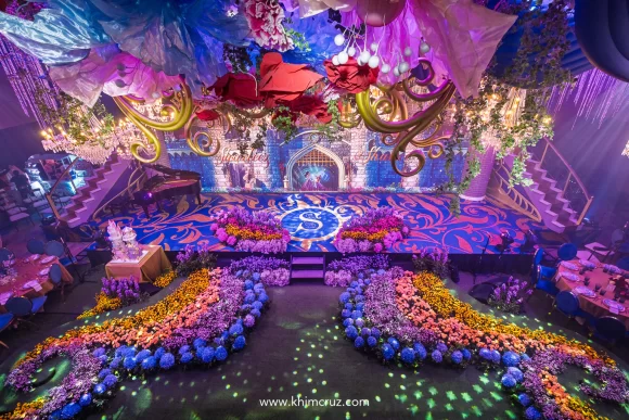 overhead view of beautiful flower bed at a magical Disney princess-themed celebration reception