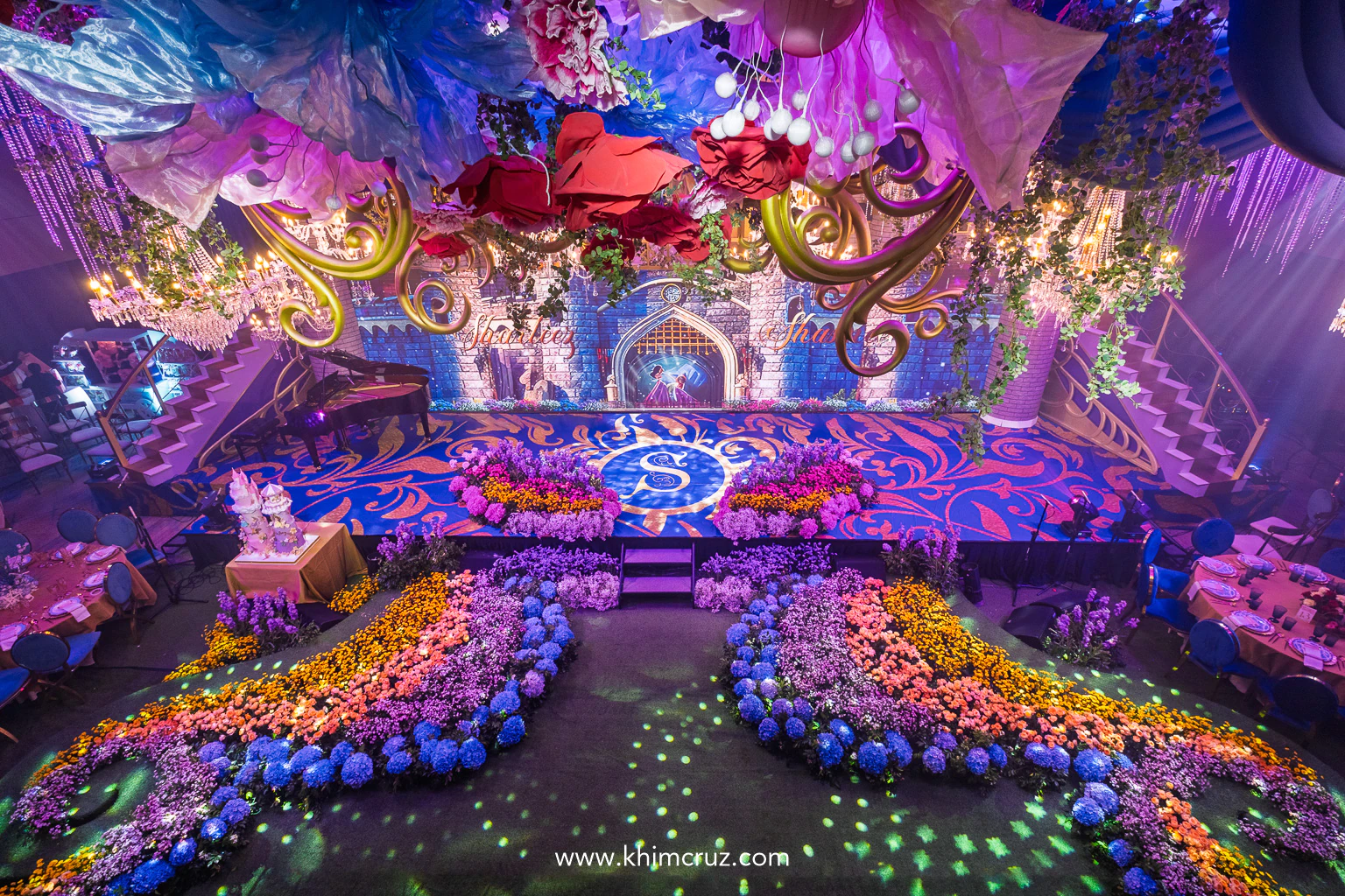 overhead view of beautiful flower bed at a magical Disney princess-themed celebration reception