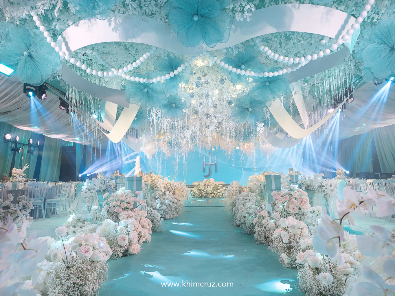thematic Tiffany-inspired wedding reception with signature white ribbon crystals pearls and white florals