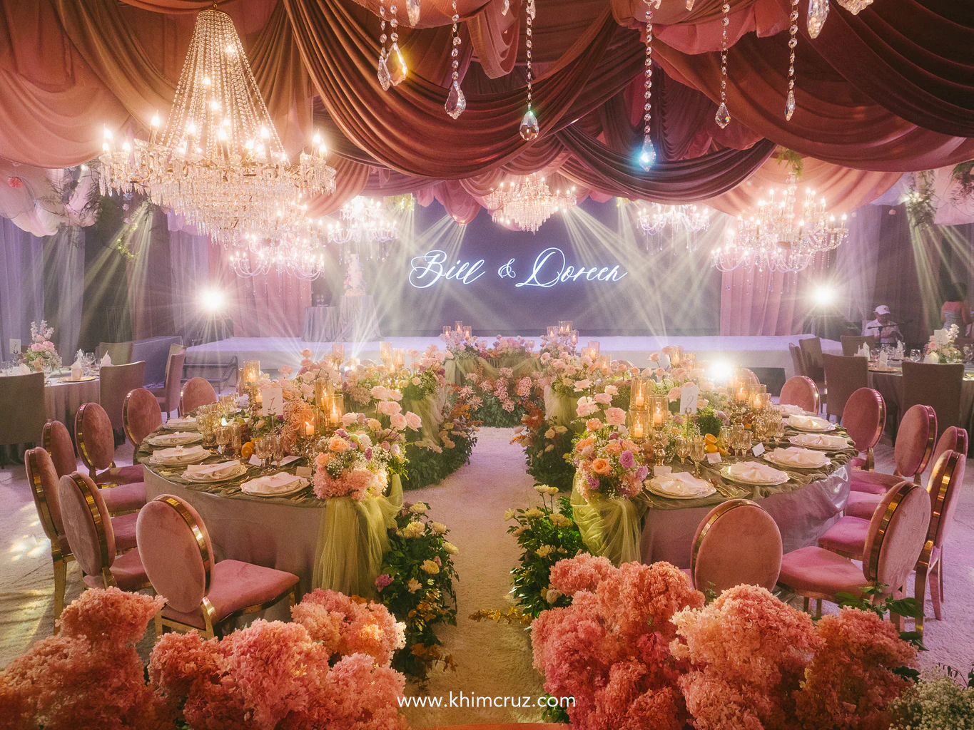 A ceiling that swoons, tables that bloom—Bill & Doreen’s wedding reception was a love letter to elegance