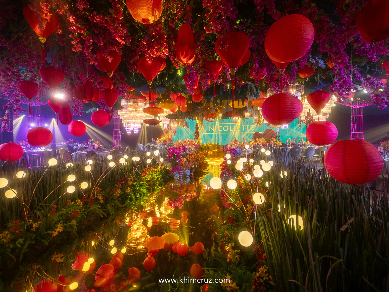 A mirrored water aisle made the debutant walk feel like a dream floating on light on Crazy Rich Asians themed debut
