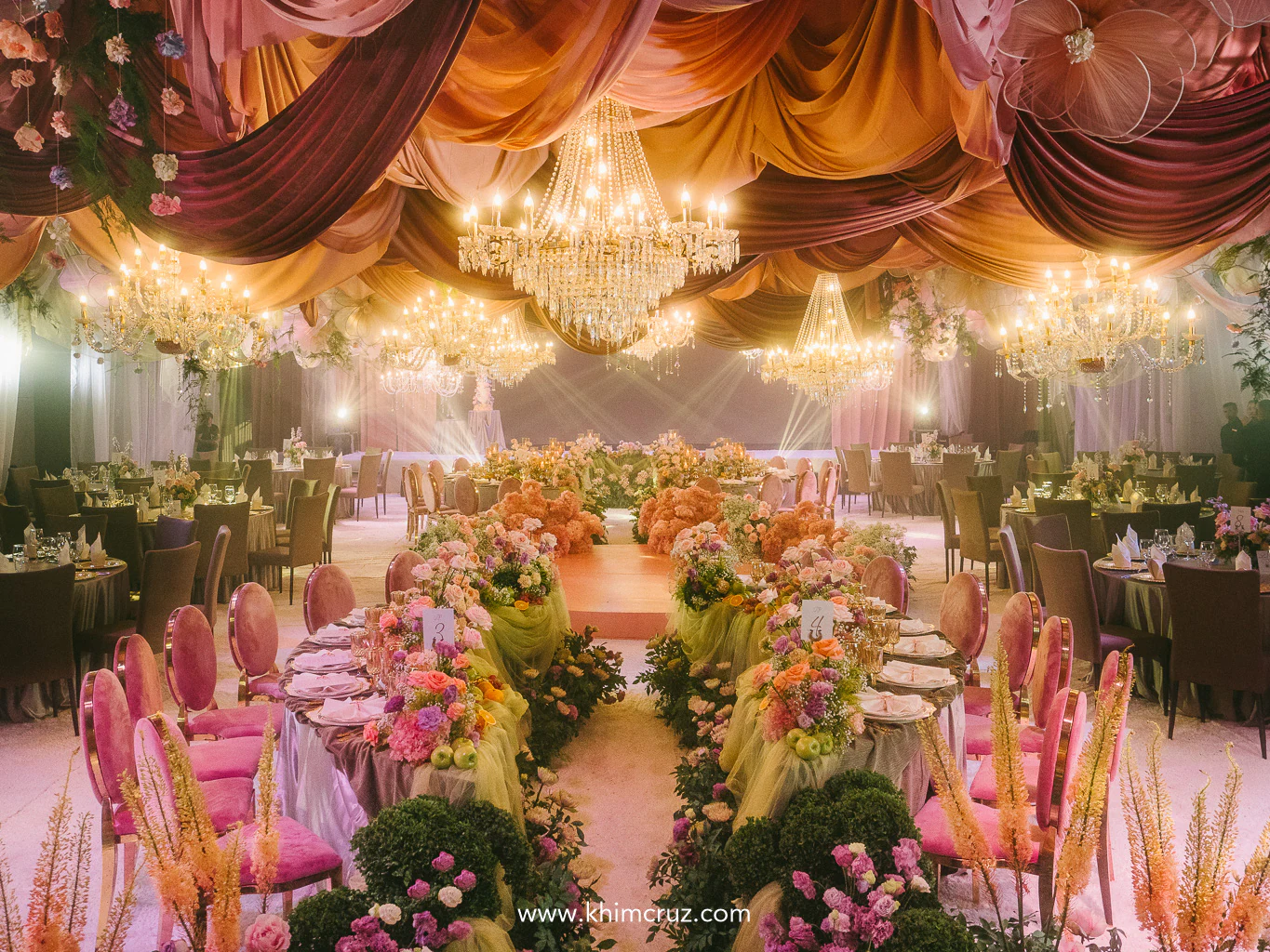Drapes, chandeliers, and charm—Bill & Doreen’s wedding reception was styled to enchant