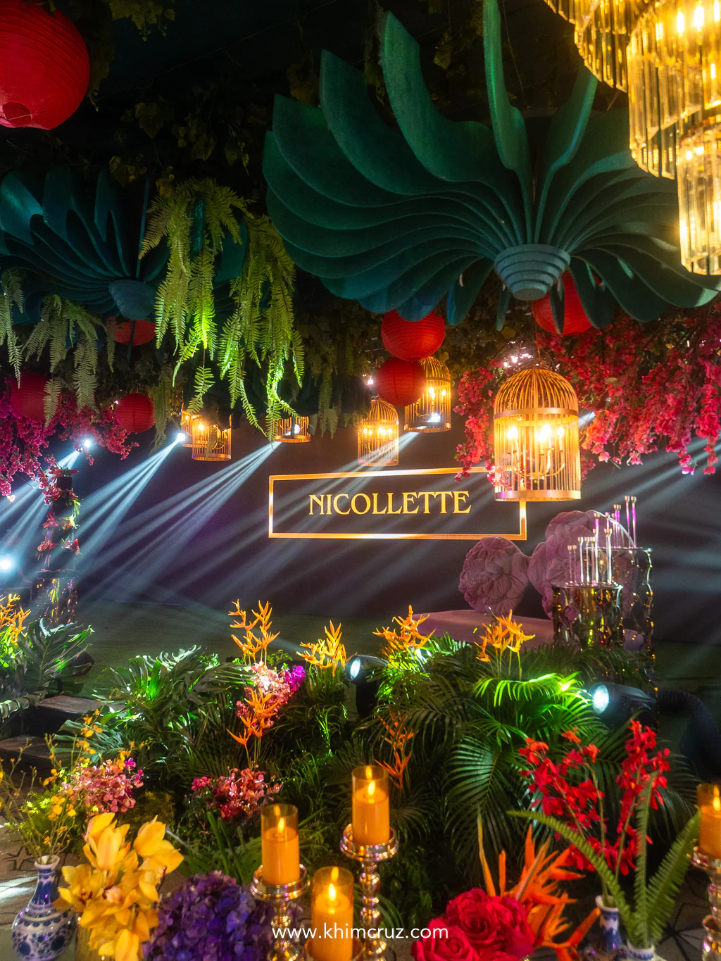 The ballroom blooms with chandeliers, lanterns, and floral canopy arches for this Crazy Rich Asians-inspired debut.