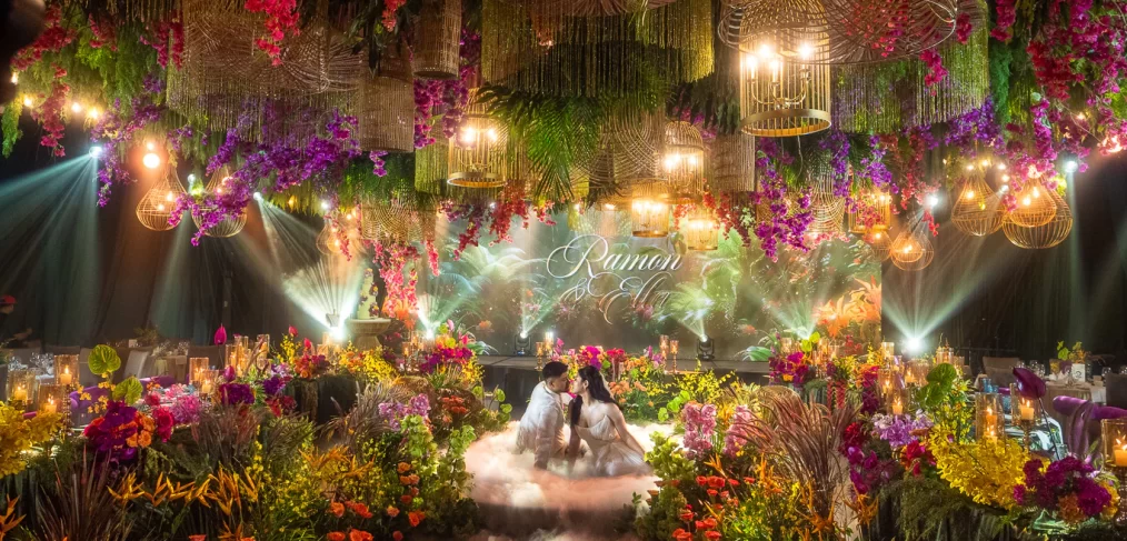 A wedding reception drenched in modern tropical luxe rich in color and texture