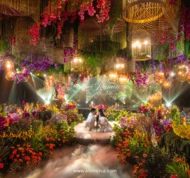 A wedding reception drenched in modern tropical luxe rich in color and texture