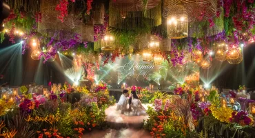 A wedding reception drenched in modern tropical luxe rich in color and texture