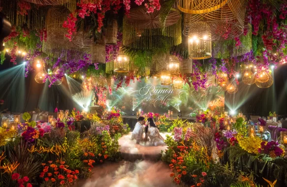 A wedding reception drenched in modern tropical luxe rich in color and texture