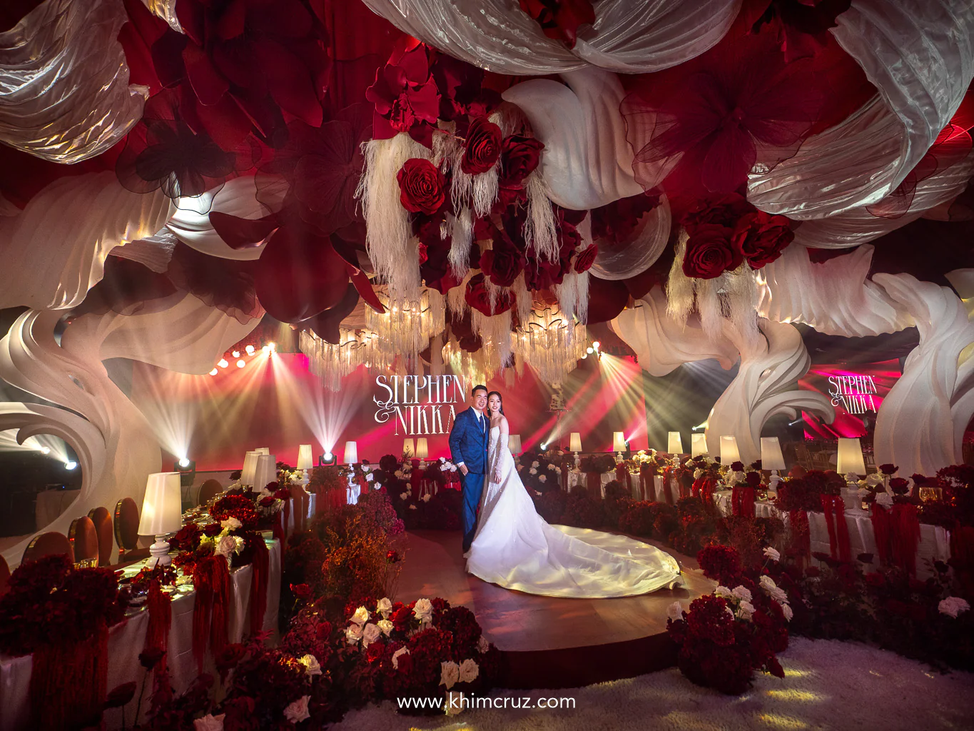 red-floral-ceiling-installation-sculptural-ballroom-wedding-reception-khim-cruz
