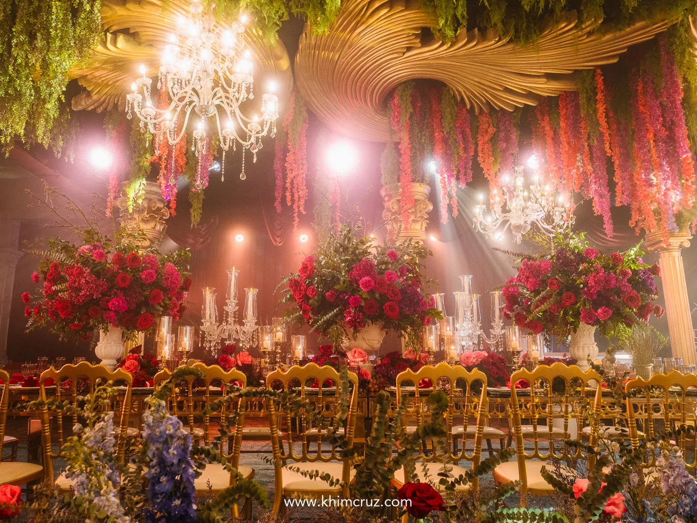 renaissance-debut-ballroom-hanging-florals-chandelier-red-roses-khim-cruz-davao