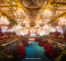 renaissance-debut-ballroom-red-floral-walkway-painted-ceiling-chandeliers-khim