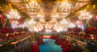 renaissance-debut-ballroom-red-floral-walkway-painted-ceiling-chandeliers-khim