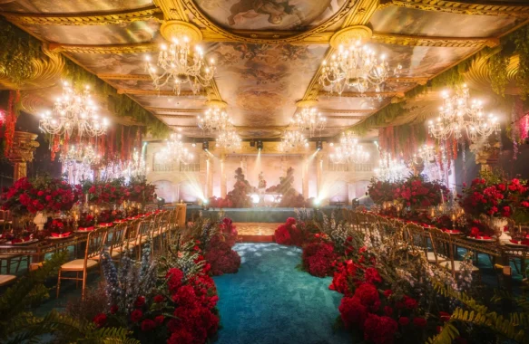 renaissance-debut-ballroom-red-floral-walkway-painted-ceiling-chandeliers-khim
