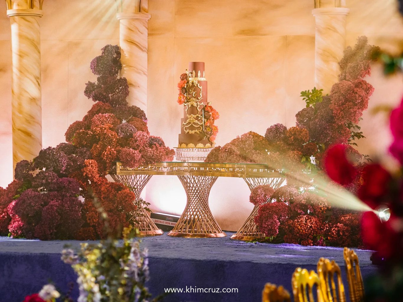 renaissance-debut-cake-gold-floral-stage-marble-columns-khim-cruz-davao