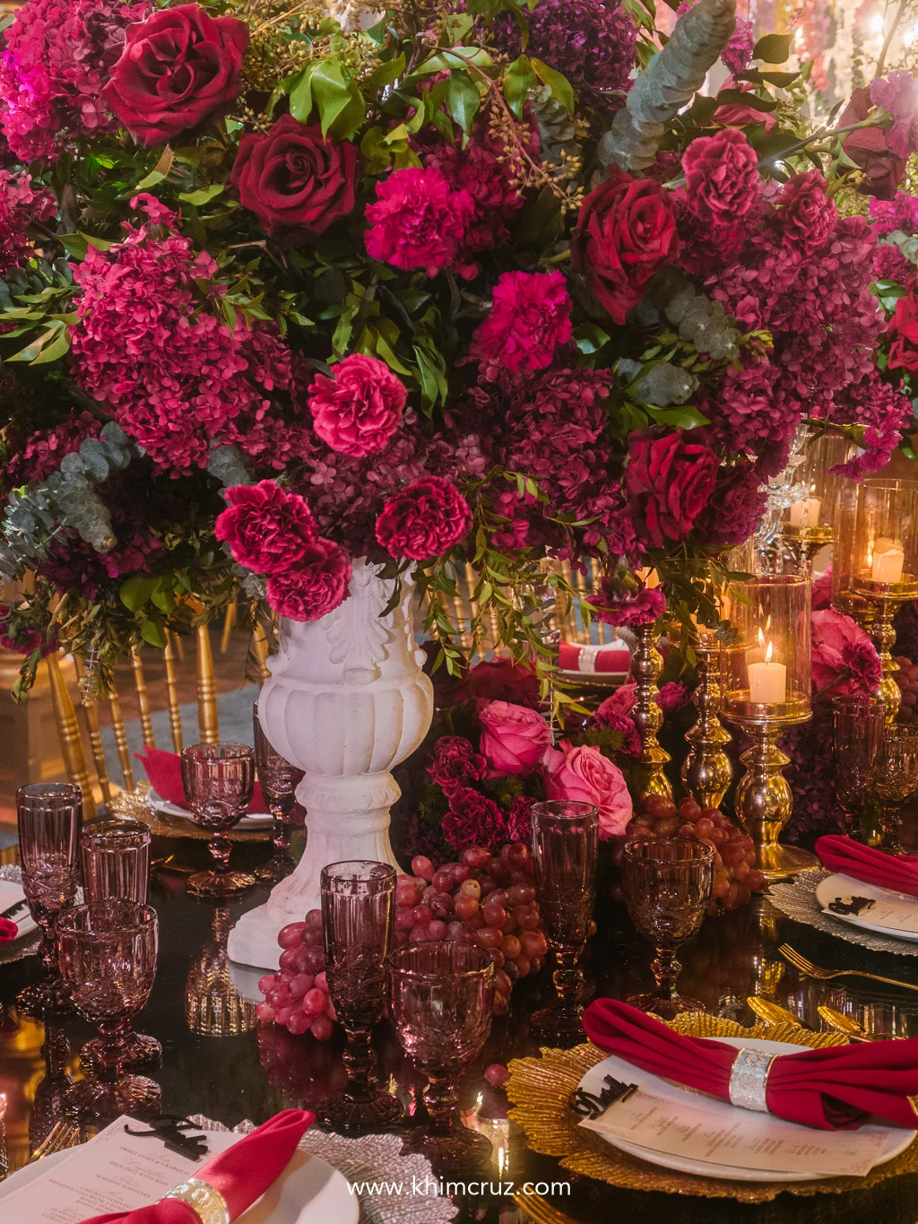 renaissance-debut-tablescape-burgundy-roses-white-vase-centerpiece-khim-cruz