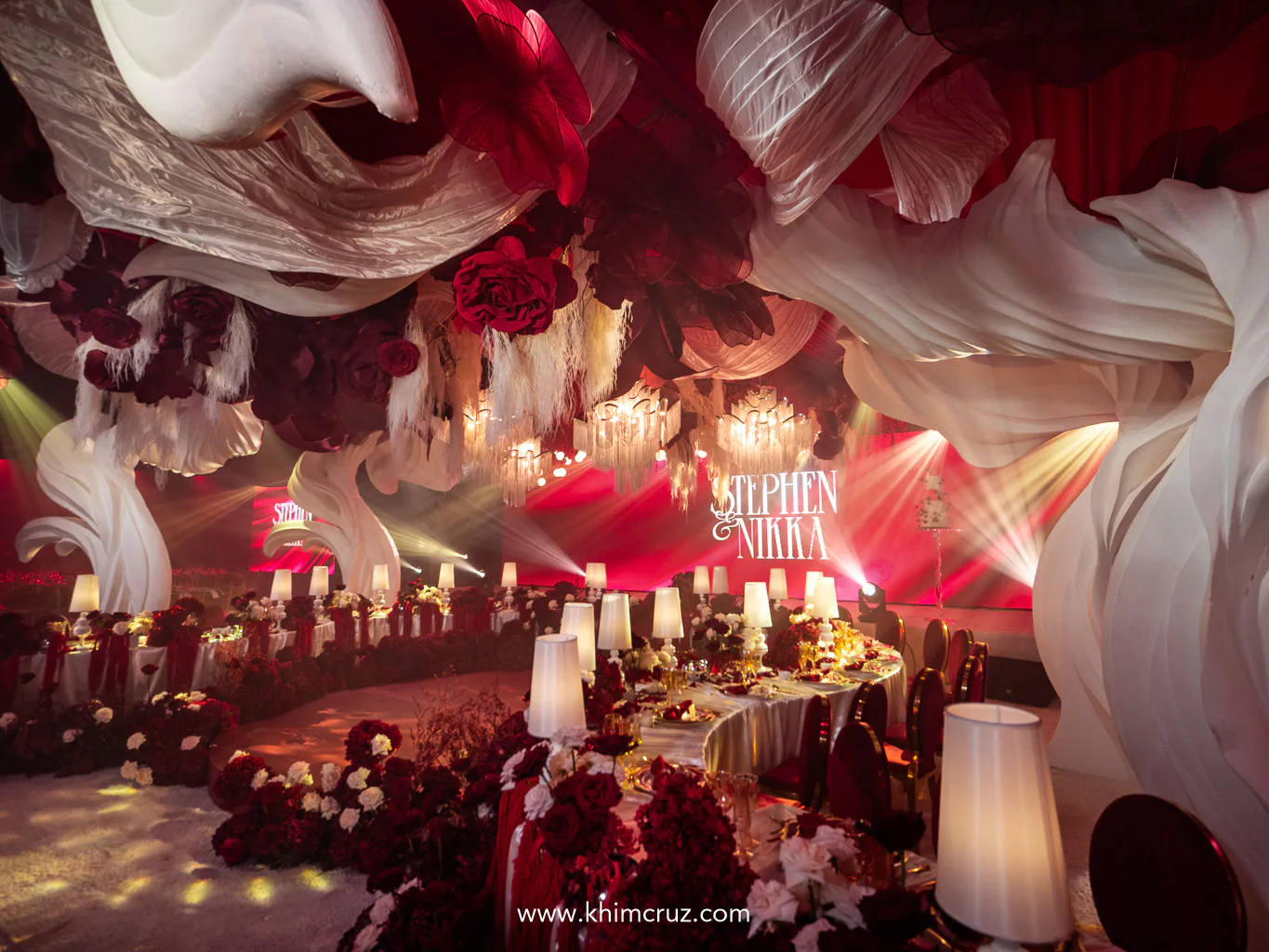 sculptural-white-forms-red-roses-ceiling-ballroom-wedding-reception-khim-cruz