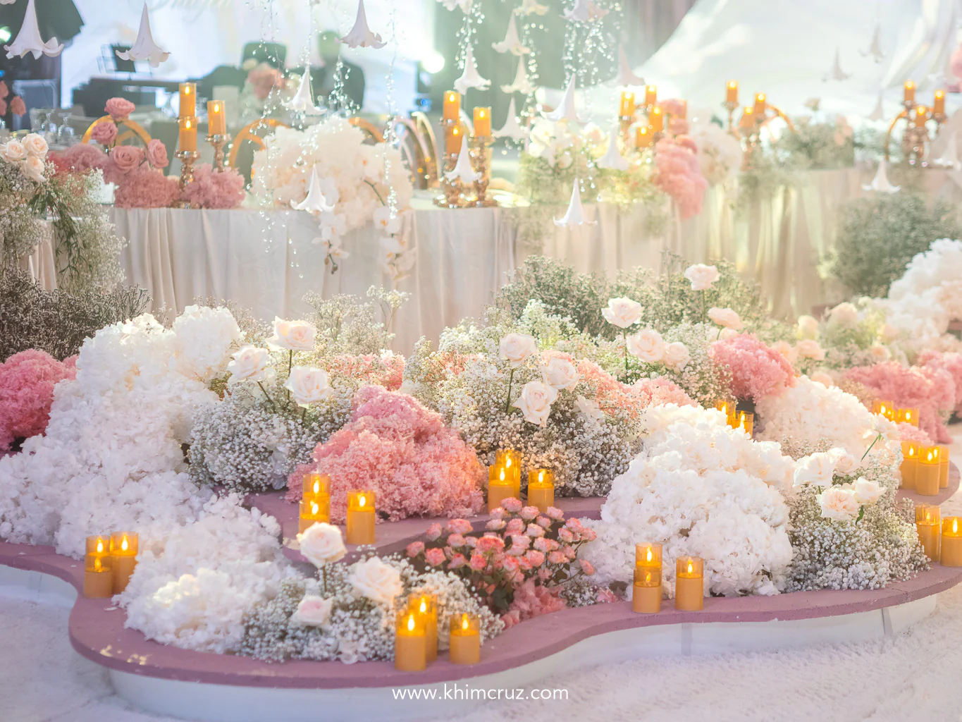 white-old-rose-floral-floor-installation-candles-wedding-reception-khim-cruz