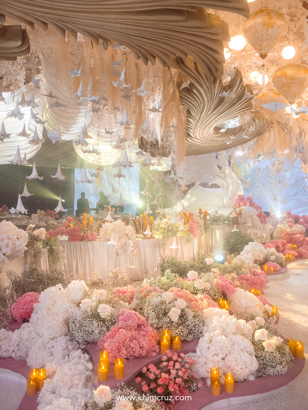 white-old-rose-oriental-wedding-reception-paper-cranes-ceiling-khim-cruz-davao
