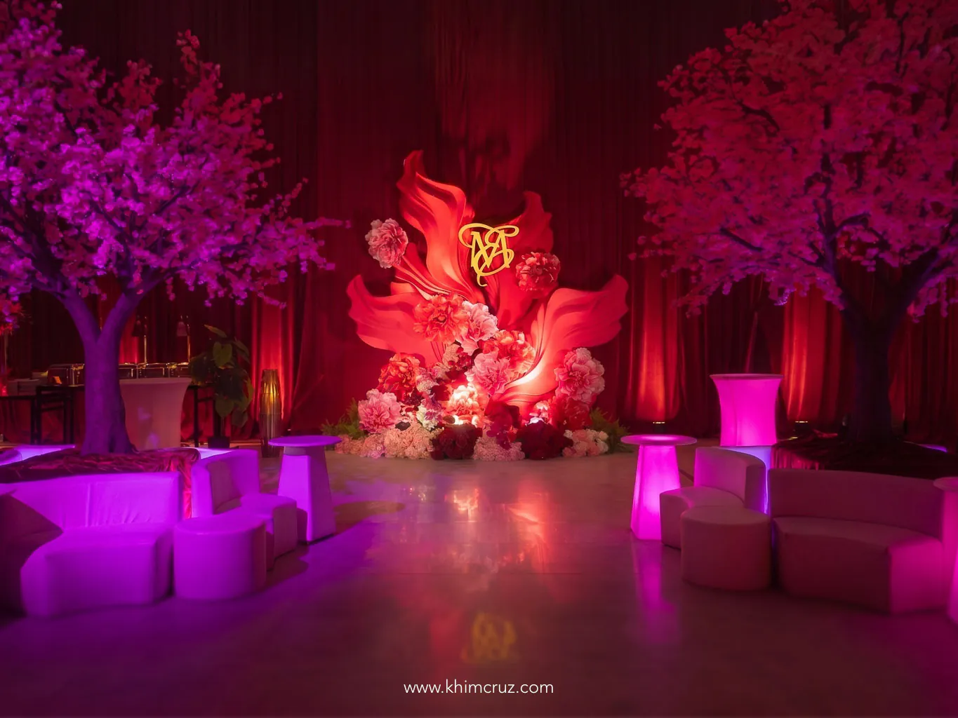 oriental-wedding-cocktail-backdrop-floral-sculpture-neon-monogram-khim-cruz