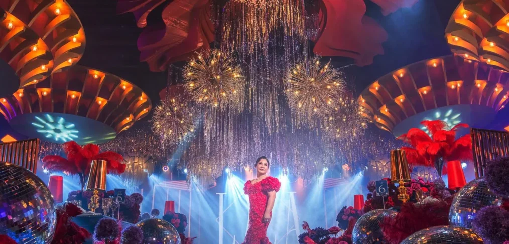 art-deco-disco-50th-birthday-stage-red-gown-crystal-chandelier-khim-cruz-davao