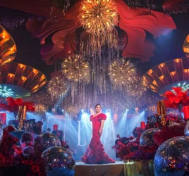 art-deco-disco-50th-birthday-stage-red-gown-crystal-chandelier-khim-cruz-davao