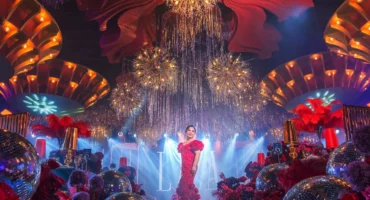 art-deco-disco-50th-birthday-stage-red-gown-crystal-chandelier-khim-cruz-davao