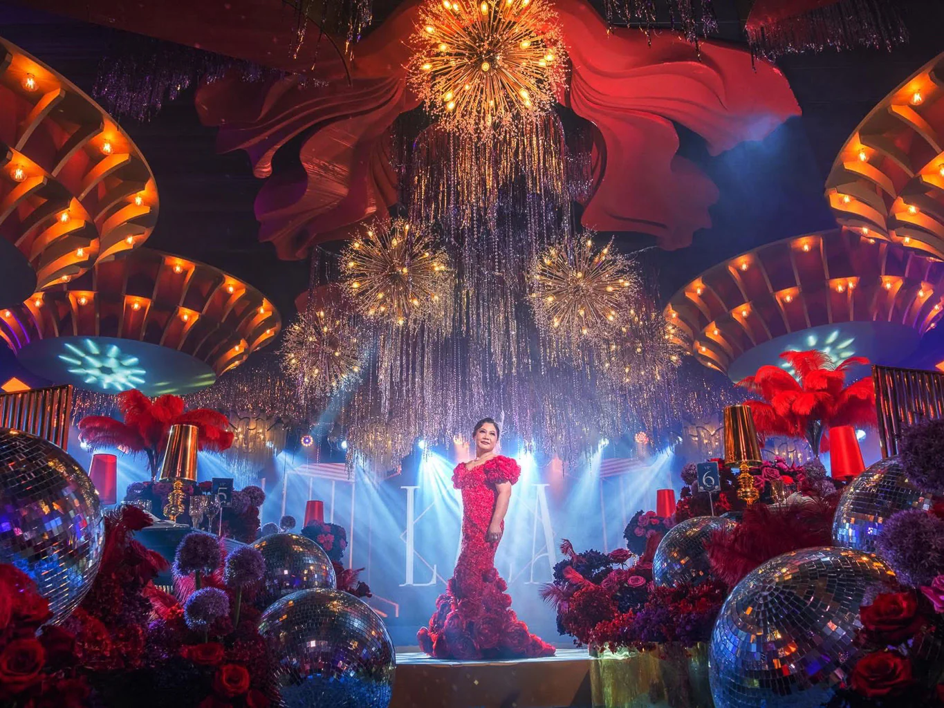 art-deco-disco-50th-birthday-stage-red-gown-crystal-chandelier-khim-cruz-davao