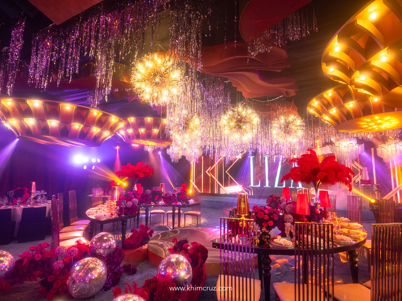art-deco-disco-50th-birthday-venue-styling-red-feathers-khim-cruz