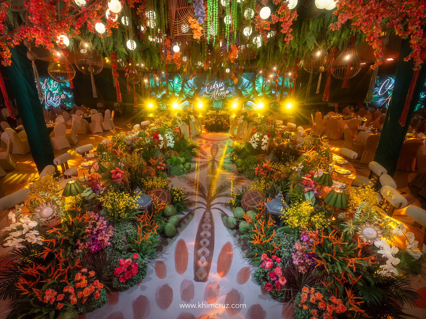tropical-wedding-reception-ceiling-floral-installation-birds-of-paradise-khim-cruz